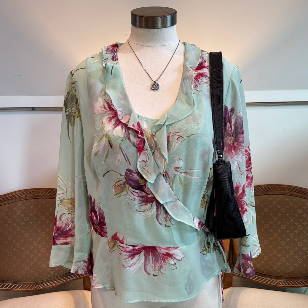 VTG 00s Y2K Sheer Floral Wrap Blouse Green and Pink Boho Fairycore by Emma James
